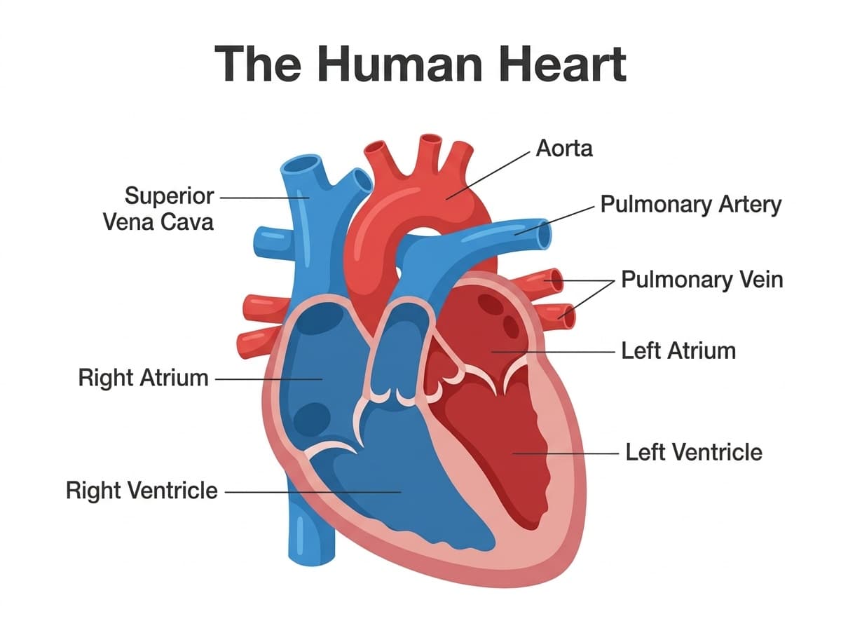 Labeled diagram of the human heart: right and left atria and ventricles, aorta, pulmonary artery and veins, superior vena cava