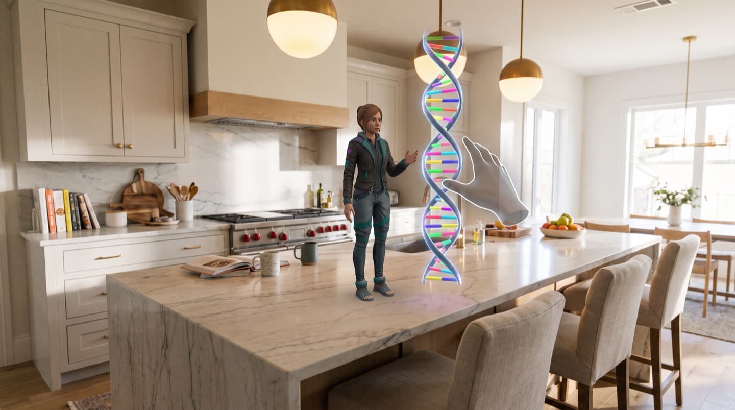 Mixed reality view of a kitchen: a glowing DNA double helix floats above the kitchen island next to the AI teacher avatar