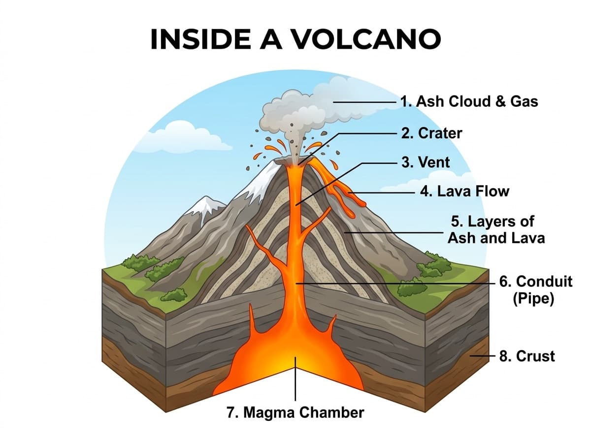 Labeled cross-section of a volcano: ash cloud and gas, crater, vent, lava flow, layers of ash and lava, conduit, magma chamber, and crust
