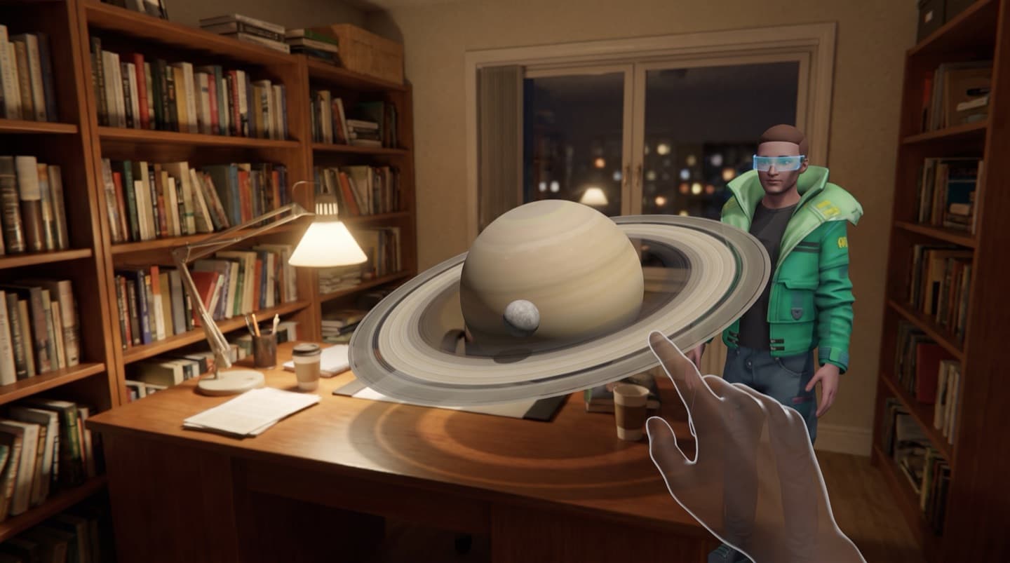 Mixed reality view of a home study at night: the AI teacher avatar stands beside a model of Saturn floating over the desk while the learner points at its rings