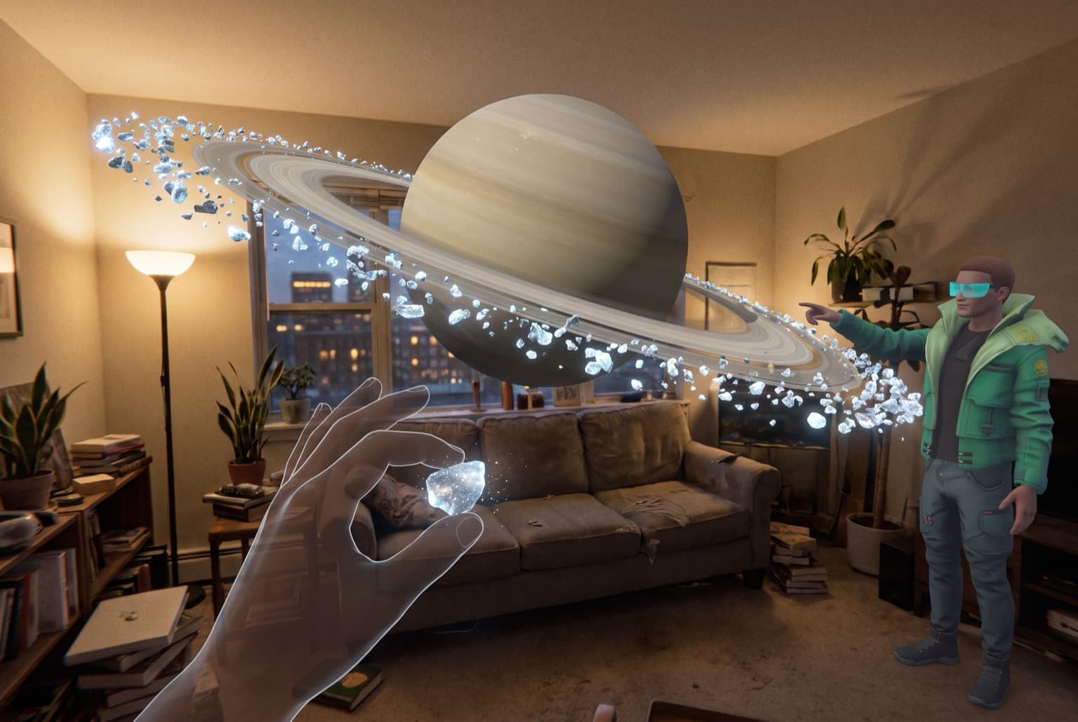 Mixed reality view of a living room: the learner holds an ice fragment from Saturn’s rings while Alex, the AI teacher in his cyan visor and green jacket, points at the rings