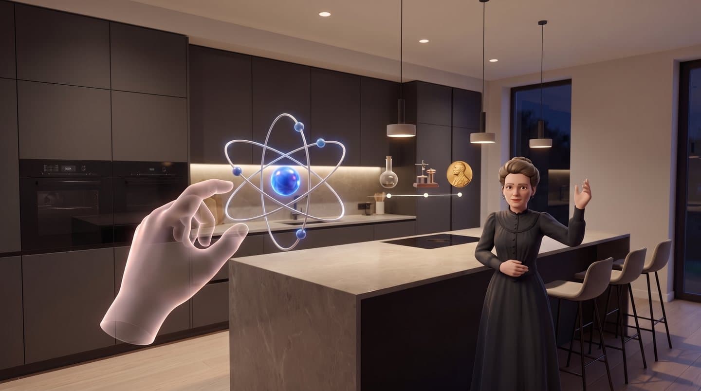 Mixed reality view of a modern kitchen in the evening: a guest in an early-1900s dress explains a glowing 3D atom above the kitchen island while the viewer pinches it