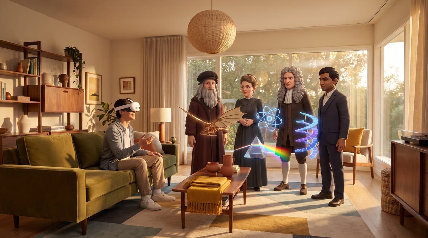 A person wearing a Meta Quest 3 sits on a sofa in a mid-century modern living room, talking with four guests from history