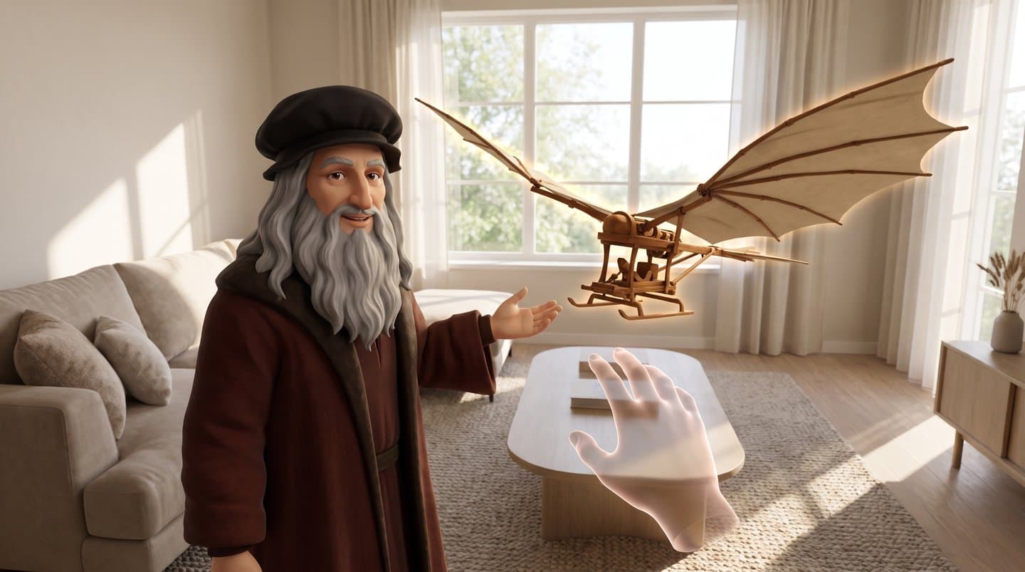 Mixed reality view of a sunlit living room: a Renaissance guest gestures at a 3D model of a flying machine hovering by the window as the viewer reaches toward it