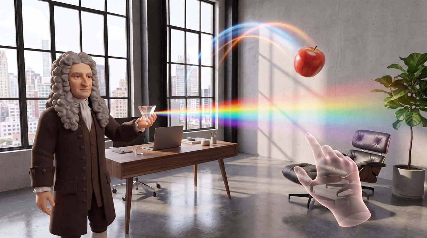 Mixed reality view of a modern loft home office: a guest in a 17th-century wig splits sunlight into a rainbow with a glass prism while an apple arcs through the air
