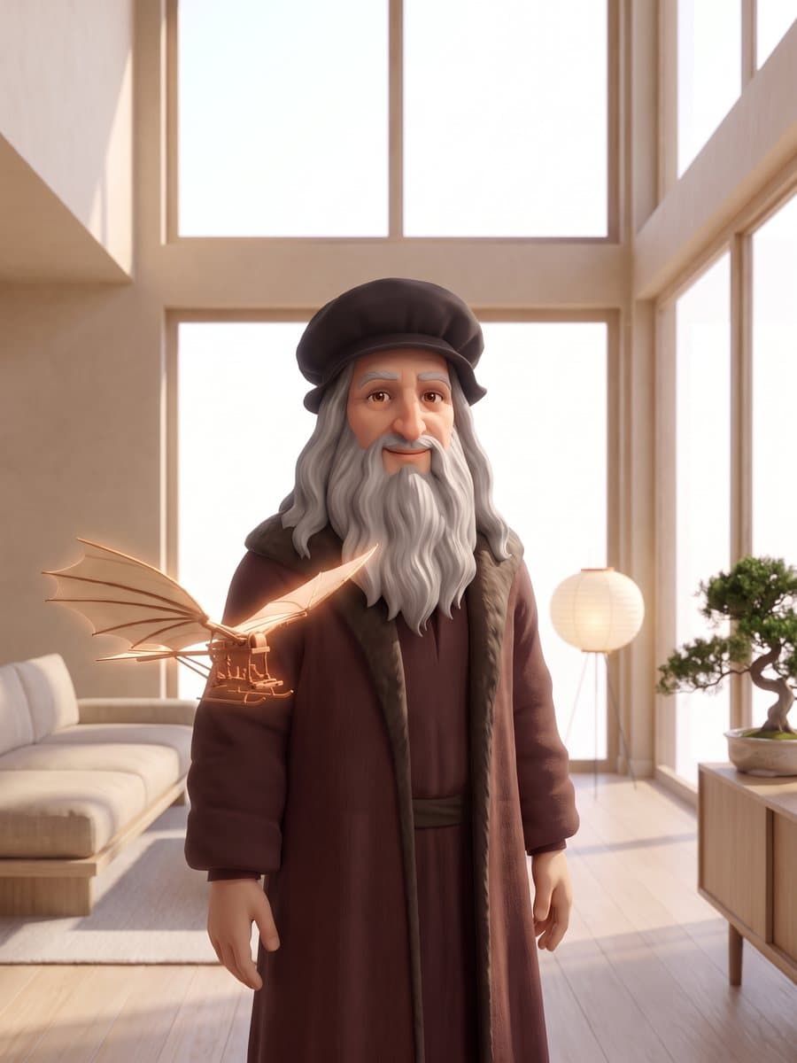 A guest with a long grey beard and a Renaissance cap in a bright Japandi-style living room