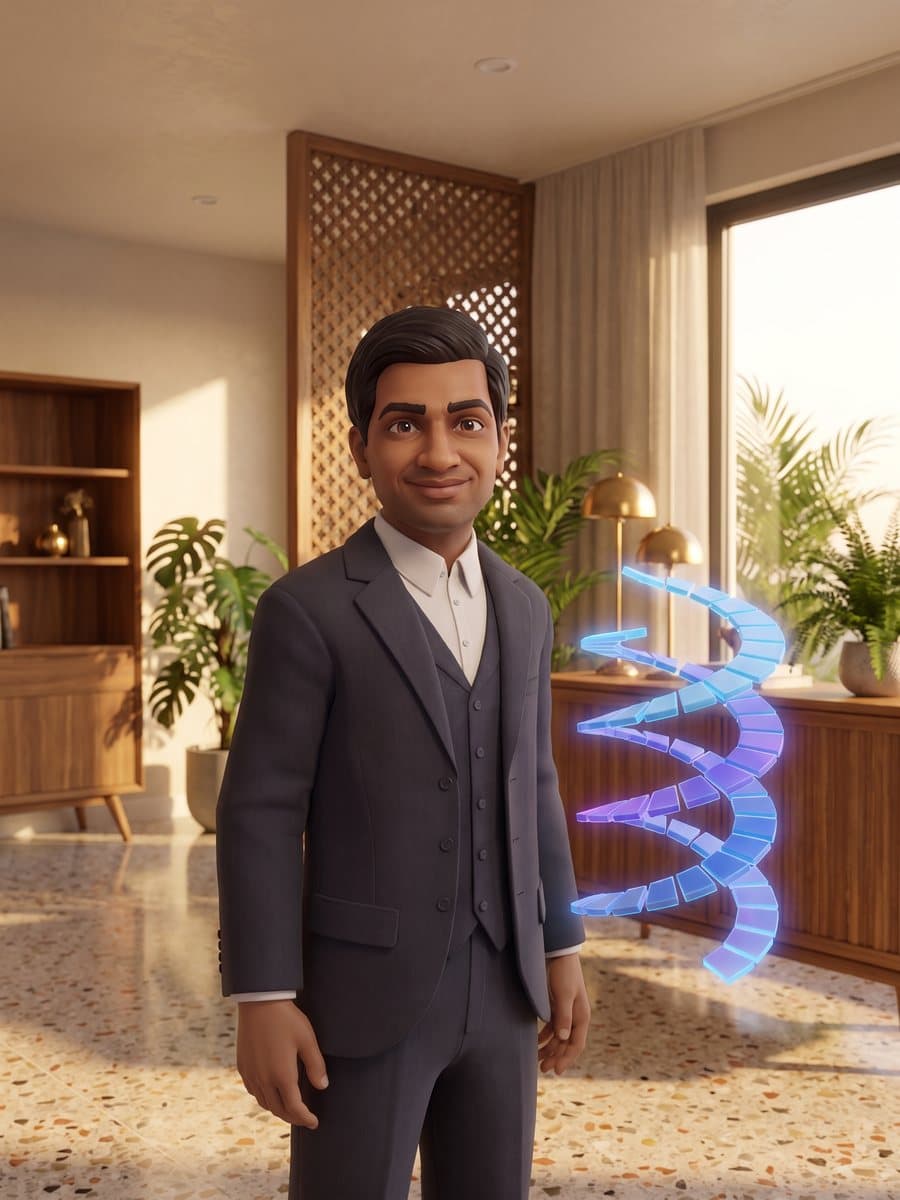 A young guest in an early-1900s suit in a modern apartment with a terrazzo floor, a spiral of glowing tiles beside him
